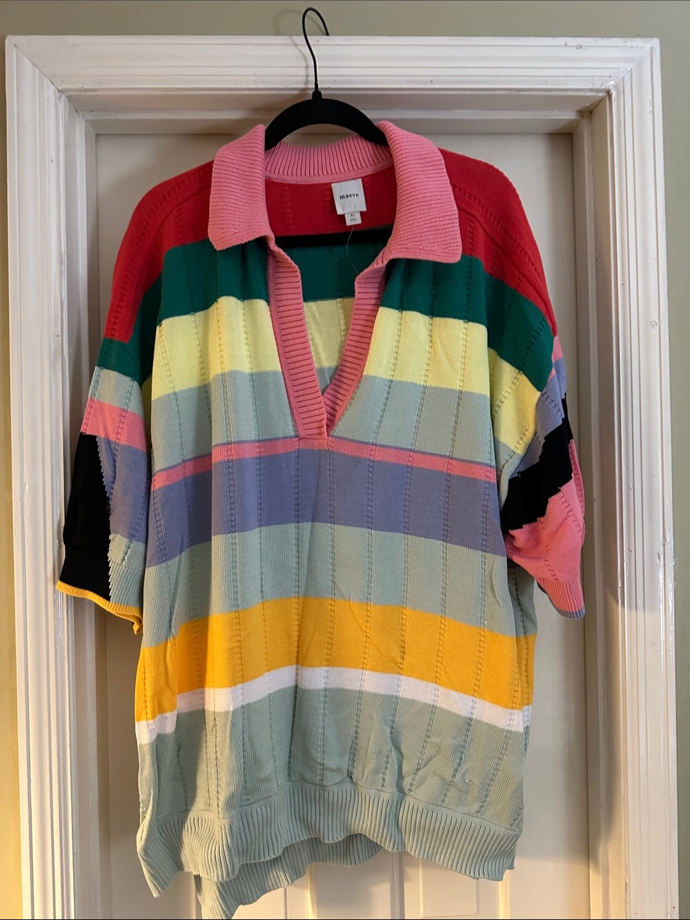 Multicolor Stripe V‑Neck Polo Sweater — Pink Collar